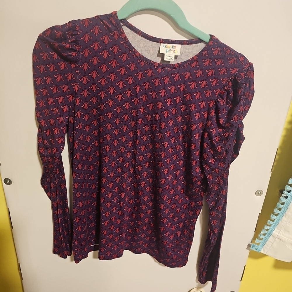NWT Girls XL(14/16) Colorful Planet Cinched  Long Sleeves Rayon Blouse Purple